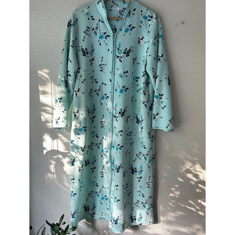 Adonna Blue Floral Quilted Zip Front Robe Long Sleeve Housecoat Vintage L
